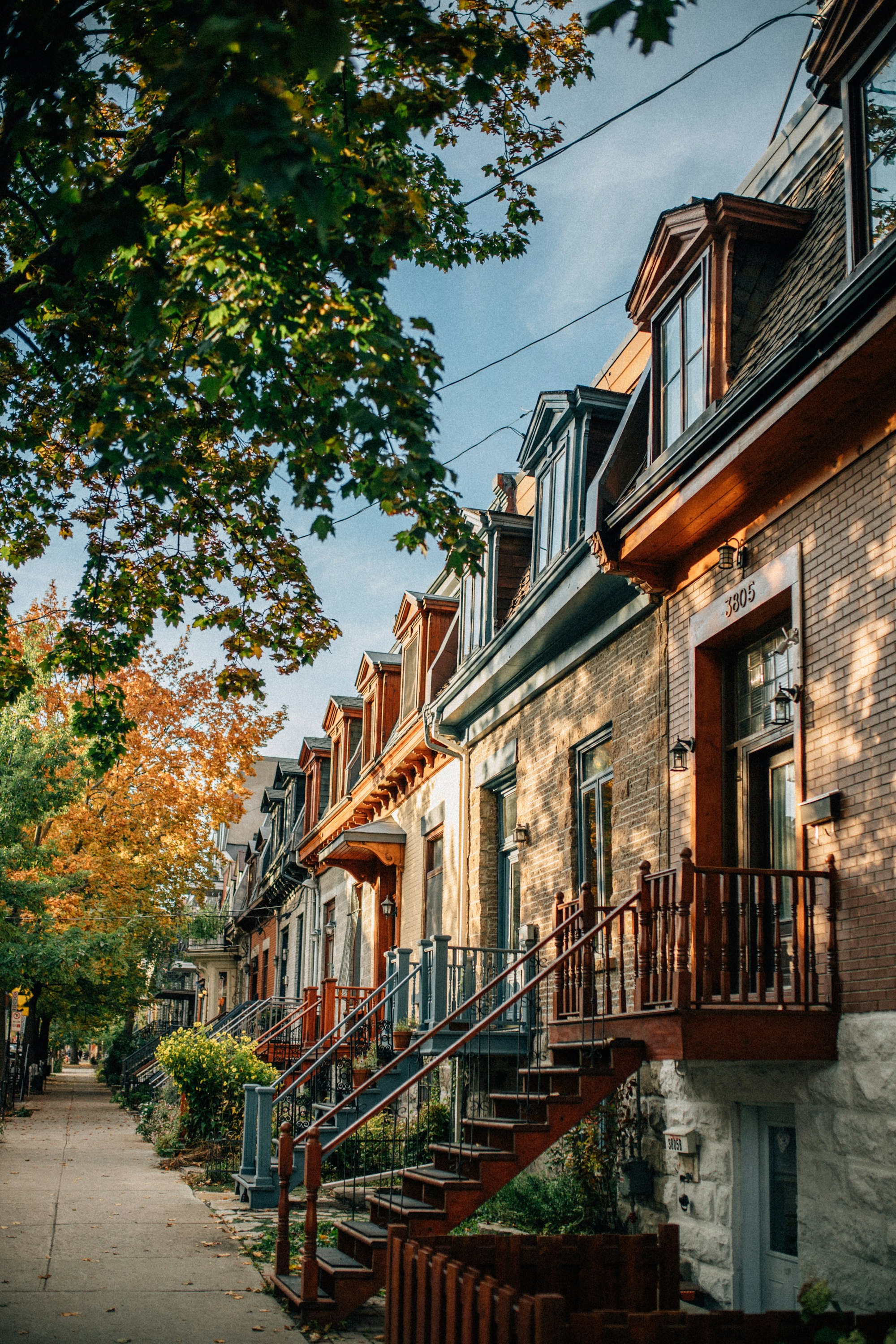 A row of Montreal plexes with exterior staircases and mansard roofs, photographed in autumn at golden hour